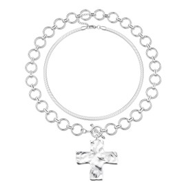 TEN MIRO Silver Chunky Cross Necklace for Women Non Tarnish Cross Choker Necklaces Hammered Bold Statement Necklace Stacks Silver Herringbone Chain Stacked Paperclip Link Chain Necklaces