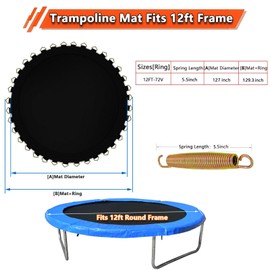Trampoline Mat Replacement Fits 12 ft Frame Fits 5.5 inch with 72 V-Rings, (Mat Dia:127in), with 2 Hook and 2 Pair Non-Slip Gloves, 10 Triangle Ring Buckle Set