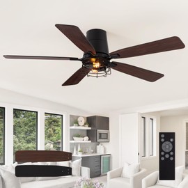 Spacora 52 Inch Farmhouse Ceiling Fan with Light and Remote, Black Caged Flush Mount Ceiling Fans with 6 Speed Reversible Motor and Dual Finish 5 Blades, Rustic Ceiling Fan for Living room, Bedroom