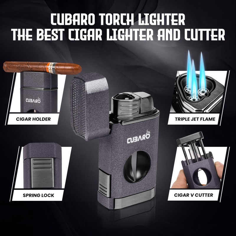CUBARO Cigar Lighter with V Cutter – Triple Jet Torch