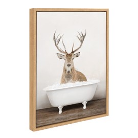 Kate and Laurel Sylvie Male Deer in Rustic Bath Framed Canvas Wall Art by Amy Peterson Art Studio, 18x24 Natural, Modern Fun Decorative Bathtub Wall Art for Home Décor