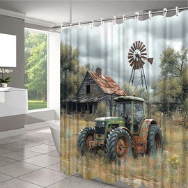 Farmhouse Old Truck Shower Curtain Rustic Wooden Barn Windmill Vintage American Classic Antique Car Farm Tractor Fashion Fabric Bathroom Decor Accessories Set with Hooks 70W x 70H Inch