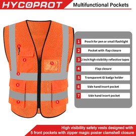 HYCOPROT Safety Vests High Visibility Reflective Vest Executive Manager Jacket Zip 2 Band Brace, Orange-mesh