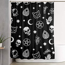 ANTOUZHE Durable Thick Shower Curtain Polyester Fabric Waterproof Machine Washable Bathroom Decoration Skull Cat Moon Gothic Pattern Black Shower Curtain 60x70 Inch with 12 Hooks