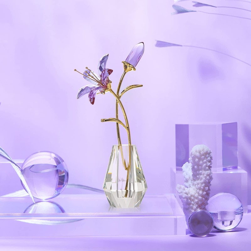Vase with Crystal Lily Flowers - Purple Coating Crystal Collection