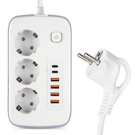 GOEDCH Multiple Socket with USB C: Distribution Socket 3 Way with 2 USB C, 2 m Socket Adapter with Switch, Plug Sockets with 4 USB for Office, Travel, Kitchen (PD 20W)