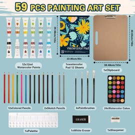 59pcs Watercolor Paint Set for Adults Beginner Artists Kids, Art Painting Supplies Kit with 12 Watercolor Paints 24 Color Watercolor Cakes Painting Pad Paintbrushes and More