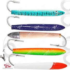 Fish WOW! 5pcs 6" Fishing Cedar Plugs Rigged Tuna Mahi Trolling Wood Lure - Natural, Zucchini, Purple, Blue/White & Red/White