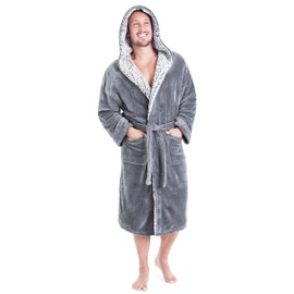 CityComfort Men's Bathrobe with Hood, Plush Dressing Gown with Hood and Pockets, Gifts for Men and Teens, gray