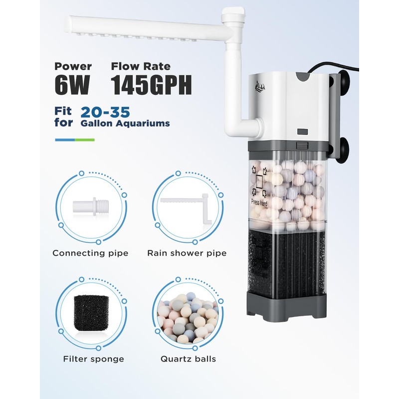 AQQA Fish Tank Filter, 550L/h Internal Aquarium Filter, 6W Quiet
