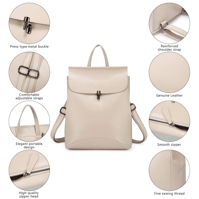 Realer Genuine Leather Backpack / Shoulder Bag For Women, beige