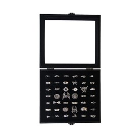 Pangkeep Ring Organizer Display Case,Black Jewelry Storage Tray Boxes for Multiple Rings,Glass Lid,Stackable. (42 Slots)