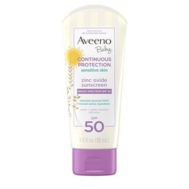 Aveeno Baby Loción de protección solar mineral de óxido de zinc para pieles sensibles, amplio espectro SPF 50, sin desgarros, sudor y agua, sin parabenos, tamaño de viaje, 3 onzas líquidas