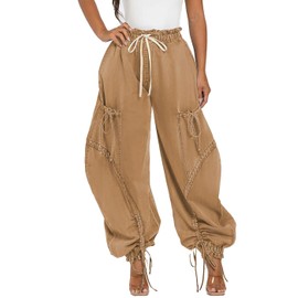 Voghtic Women's Baggy Y2K Elastic Waisted Jeans Bow-Knot Drawstring Pull-On Cargo Denim Pants Harem Pants Streetwear Khaki