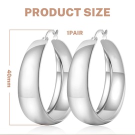Moguri 1 Pair Wide Silver Hoop Earrings for Women, 40mm Chunky Sterling Silver Earrings, Lightweight Hypoallergenic Big Hoop Earrings, Nickel-Free Everyday Jewellery