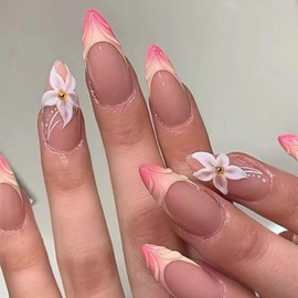 MERVF Almond Press on Nails Medium Fake Nails Yellow French Tip Glue on Nails 3D Swirls Flower Design Press ons Ombre Stiletto Fall Acrylic False Nails Glossy 24pcs