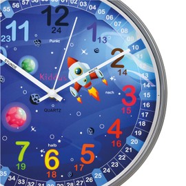 Kiddus Kid’s Wall Clock Analogue Time Teacher with Time Learning Exercises, Silent Clock, Multiple Languages, German, XL Galaxy