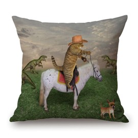 The Cat Cowboy on a Horse Grazes a Herd of Dragons on The farm Decorative Throw Pillow Cover Case Cushion Home Living Room Bed Sofa Car Cotton Linen Square 18 x 18 Inches