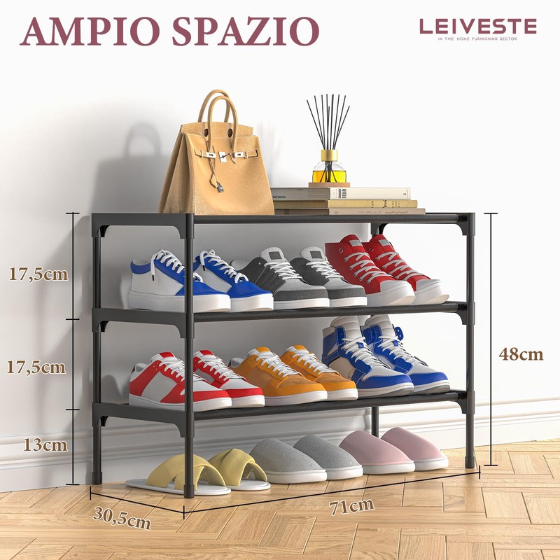 LEIVESTE 3 Tier Metal Shoe Rack Space Saving Stackable 12