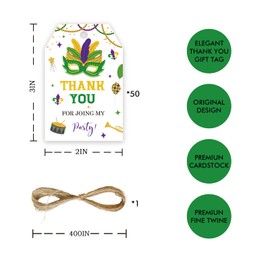 50pcs Mardi Gras Thank You Tags, Mardi Gras Gift Tag with String for Masquerade Birthday, Carnival Thank You Paper Tags for New Orleans Themed Party Favors