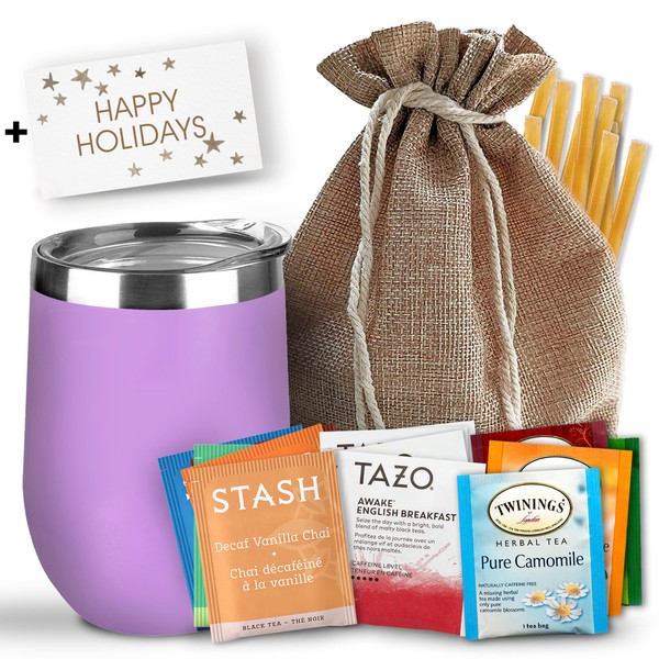 Bellina Tea Gift Baskets for Women & Men - Holiday Tea Gift Set - Herbal Tea Gift Sets for Tea Lovers - Includes Insulated Tea Cup, 20 Premium Teas, 10 Honey Straws, Gift Tag, Natural Gift Bag