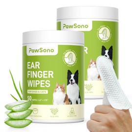 PawSono Ear Finger Wipes for Dogs & Cats, Thicker Dog Ear Cat Ear Wipes, Natural Relief Cat Ear Cleaner Dog, Effectively Remove Ear Wax for Dog Kitten Rabbit, Fresh Aloe Scent Deodorizing, 50 Count