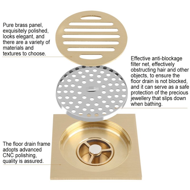 4x4 Inch Brass Square Anti-Odor Floor Drain, Hair Catcher for