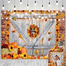 Fall Rustic Barn Door Backdrop 10x8ft Autumn Pumpkin Thanksgiving Photo Background Fabric Photography Background Fall Birthday Baby Shower Decorations Studio Photo Booth Props