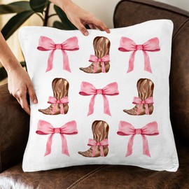 QROZIAR Preppy Coquette Pink Bow Cowgirl Pillow Covers, Trendy Western Decorative Throw Pillow Covers 18x18, Cowgirl Aesthetic Room Decor Pillow Cases for Home Bedroom Couch Girls College Dorm