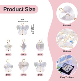 Cheriswelry 30Pcs Crystal Glass Charms Clear AB Color Butterfly Heart Star Flower Oval Rhombus Glass Pendants with Brass Loops 11.5-14mm for Bracelet Necklace Earring Jewelry Making
