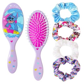 LUV HER Lilo & Stitch Hair Accessory 5 Pcs Set - 1 Regular 9 inch Stitch Hairbrush & 4 Scrunchies - Detangling Brush - Elastic Hair Ties Ropes for Girls, Ages 3+
