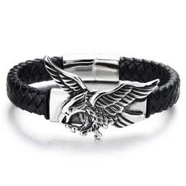 COOLSTEELANDBEYOND Rock Punk Stainless Steel Flying Eagle Men's ID Identification Bracelet Black Braided Leather Bracelet Sweatband, Black leather, Non-applicable