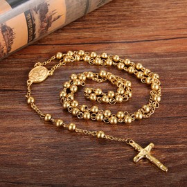 Stainless Steel 6mm Beads Jesus Bible Rosary Necklace,Cupimatch Women Men Vintage Christ Catholic Crucifix Cross Pendant Chain (Gold 8mm)