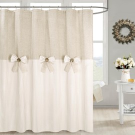 DOSLY IDÉES Linen Button Farmhouse Beige Shower Curtain,Bowknot,Linen and Cotton Woven Fabric,Pleated Beige Stripe,Country Style,72x72 in
