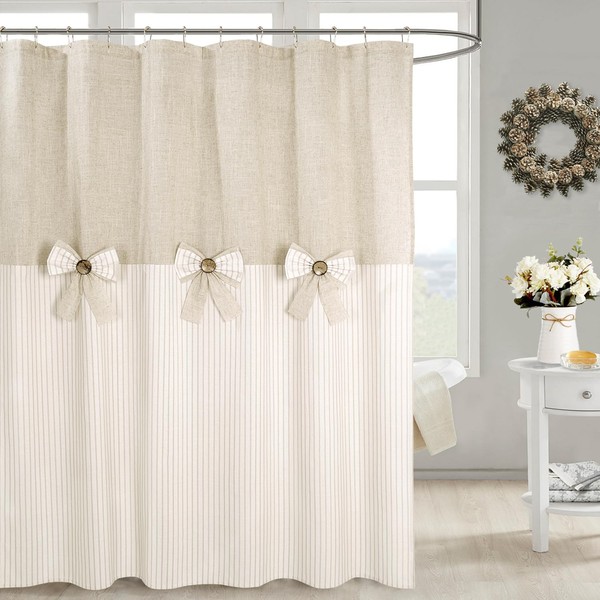 DOSLY IDÉES Linen Button Farmhouse Beige Shower Curtain,Bowknot,Linen and Cotton