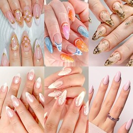 6 paquetes (144 unidades) | Uñas postizas reutilizables | Uñas adhesivas, 12 tamaños, 6 estilos | Uñas almendradas