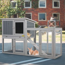 COZIWOW Assembled 54Inch Wooden Large Rabbit Hutch Indoor with Run Durable 2 Story Small Animal House Habitat, Pet Bunny Cage Outdoor with Cleaning Tray, for Bunny Chick Duck Hamster (Grey)