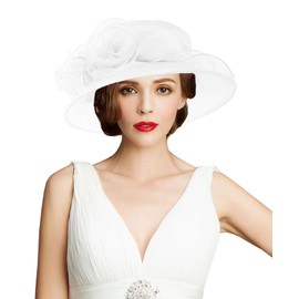 RZTA Women's Kentucky Derby Church Dress Hat Wide Brim Leaf Flower Bridal Shower Hat, A8 White, One Size