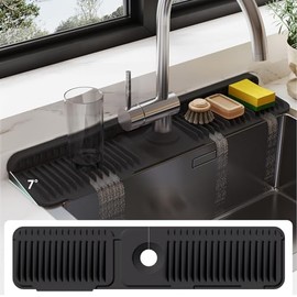 24 Inch Silicone Faucet Mat for Kitchen Sink Splash Guard - 7° Slope Water Draining Mat With Fasten Button for Bathroom Area (Black, 24''x5.5'')