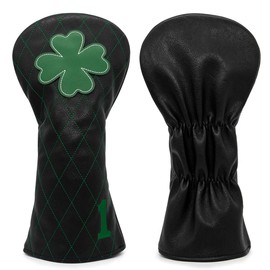 Golf Headcovers Golf Driver Fairway Hybrid Head Cover Lucky Clover Cross Pattern Premium Leather Driver Fairway(FW) Wood Hybrid(UT) with Number Tags, Black