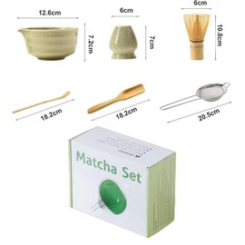 Kit de Matcha Ceremonial - Set de 6 Piezas,Set Completo para Preparar Matcha Auténtico, Incluye bol, batidor de bambú, soporte, cuchara, colador de acero inoxidable y cuchara medidora