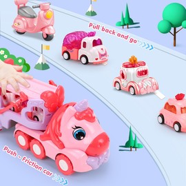 Qizebaby Toy Cars for Toddlers Girls，5 in 1 Carrier Truck Toy for Kids，Transport Vehicles with Light & Music,Unicorn Toys for 1 2 3+ Year Old Girl Gifts