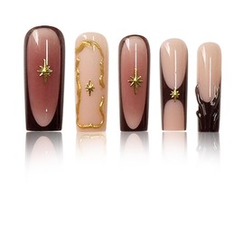 Long Press on Nails Square Fake Nails Brown False Nails French Artificial Nails Exra Long Nails with Gold Charm Designs XL Acrylic Nails Press ons Stick on Nails for Women 24pcs