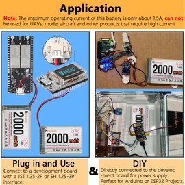 Hiteuoms 3.7V 2000mAh Lithium Rechargeable Battery 1S 1C LiPo Battery for IoT NodeMCU ESP32 Arduino Development Board Project with JST 1.25 Plug Protection Board and Insulated Rubber Tape