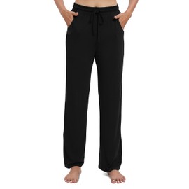 EXCHIC Women's Drawstring Casual Pants Stretchy High Waisted Loose Straight Leg Pants Jogger Trousers with Pockets(XL, Black)