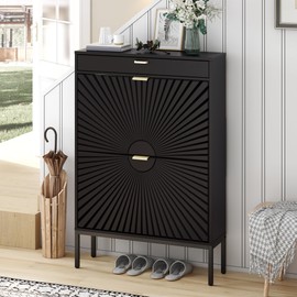 Brafab Shoe Rack Storage Organizer, Shoe Storage Cabinet with 2 Flip Drawers&1 Small Drawer, Slim Entryway Shoe Organizer with Sun Pattern Doors,Dark Black
