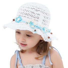 Girls Sun Hat Straw Hat Princess Holiday Lace Bucket Hat Foldable Baby Kids Spring Summer Beach Fisherman Hat Cute and Lovely White, 46cm
