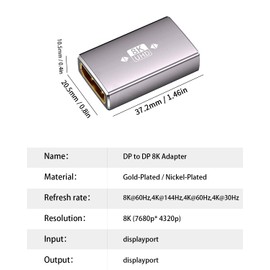 Duttek Displayport Relay Adapter Displayport Female to Female Relay Adapter DP1.4 DisplayPort Adapter 8K@60HZ UHD Video Display Port Extension Connector Suitable for Laptop TV with DP Port