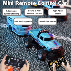 EXVQMU Mini RC Car, 1/64 Scale Mini Remote Control Monster Truck with Trailer, 2.4Ghz & APP Remote Control, Rechargeable Alloy Shell Mini RC Cars with Lights, Speed/Steering Adjustable (Orange)