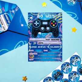 WERNNSAI Video Game Party Invitation - 24 Set Fill-in Blue Gaming Birthday Invitation Cards with Envelopes Sticker for Boys Kids Double-Sided Printed Game On Invitations for Celebration Party Supplies